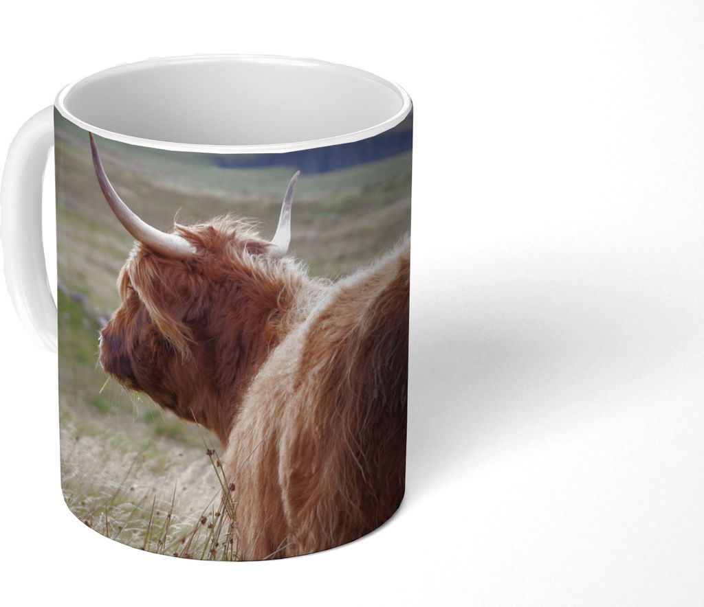 MuchoWow Tasse Kaffeetasse Kaffeebecher 350 ml Schottische Hochlandrind - Natur - Meer Teetasse - Fototasse - Becher - Keramikbecher - Teebecher ...