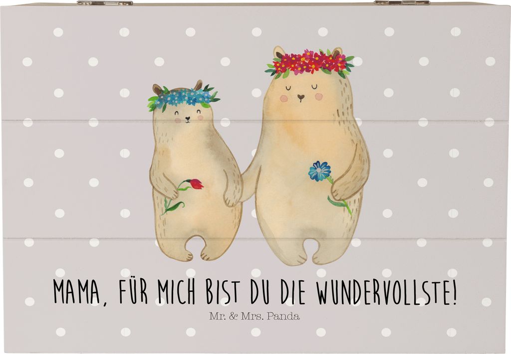 Mr. & Mrs. Panda Holzkiste Bären mit Blumenkranz 22 x 15 cm - Grau Pastell - Geschenk, Muttertag, Holztruhe, Mutter, schatztruhe, Box, fotobox, Ge...