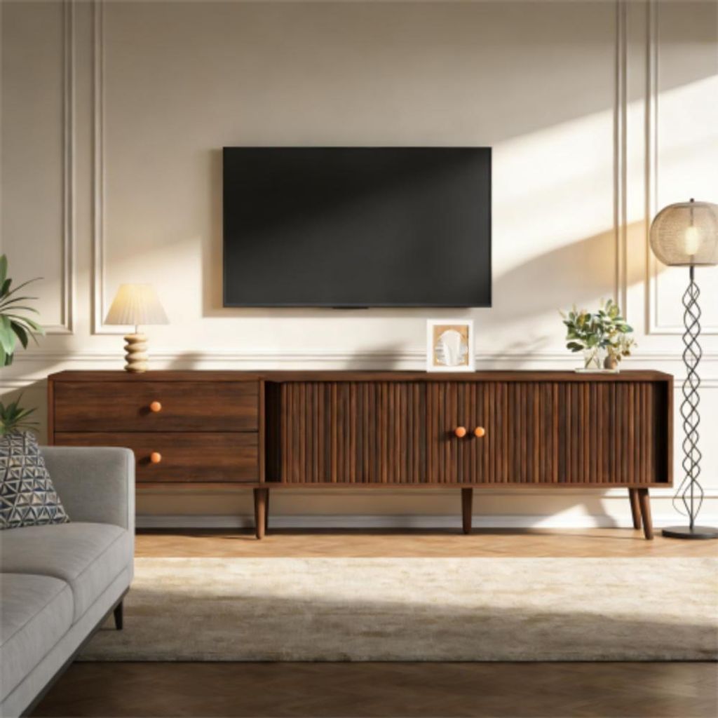TV-Schrank mit zwei Schubladen, zwei Rolltüren und 7 Standfüßen für Fernseher bis zu 80 Zoll Wohnzimmerschrank,TV-Ständer 180 x 40 x 46,5 cm