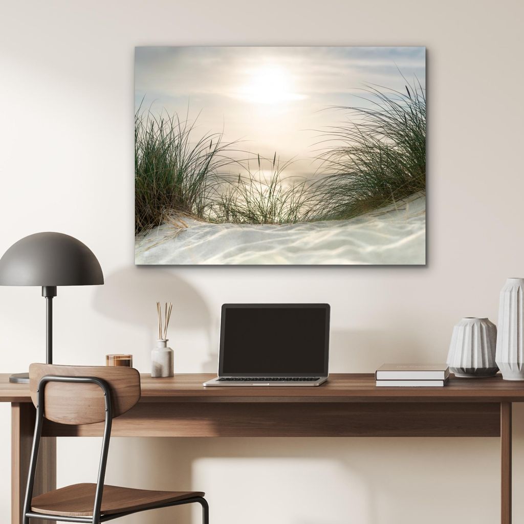 MuchoWow Wanddekoration Metall Metallbild Wandkunst 80x60 cm Sand - Gras - Sonne MuchoWow Aluminium Gemälde - Alubild