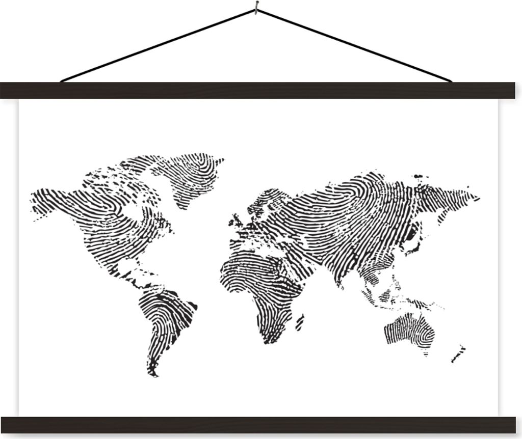 MuchoWow Textilposter Weltkarte - Fingerabdruck - Schwarz - Weiß - Kinder - Jungen - Mädchen 150x100 cm mit schwarzem Rahmen - Schlafzimmer