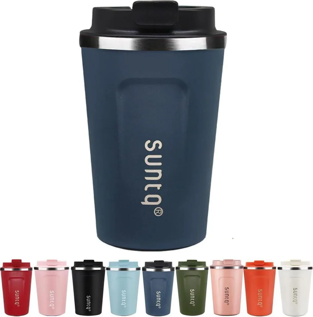 SUNTQ tazza da caffè in acciaio inox da portare via, tazza termica 380ml nero-blu