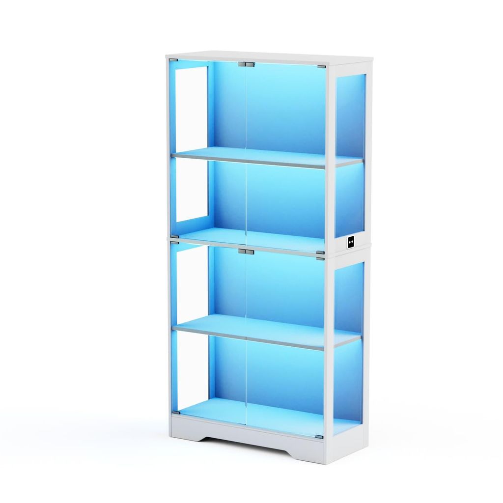 Vierstöckige Glasvitrine(Weiss)mit Stauraum,LED-Beleuchtung,Glastüren und intelligenten Sensoren.Als staubdichte Glasvitrine fürWohnzimmer geeignet