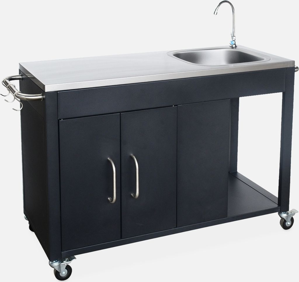 A black outdoor grill cart with a stainless steel countertop and sink, shown against a white background.