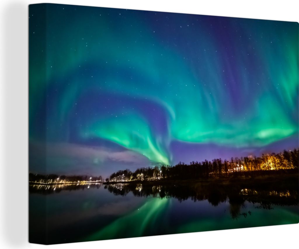 OneMillionCanvasses - Leinwandbilder - 150x100 cm, Nordlichter - Wasser - Reflexion - Norwegen, Wandbilder Kunstdruck Wanddekoration