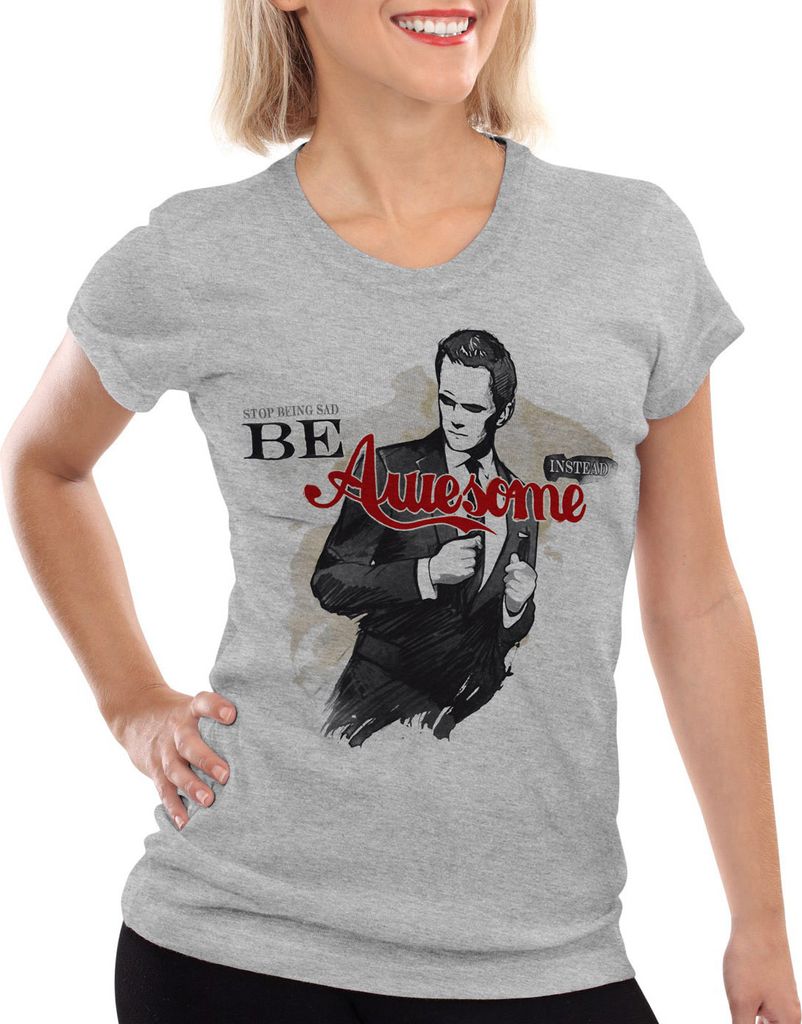 style3 Be Awesome Instead T-Shirt Damen sitcom stinson barney, Farbe:Grau meliert, Größe:S