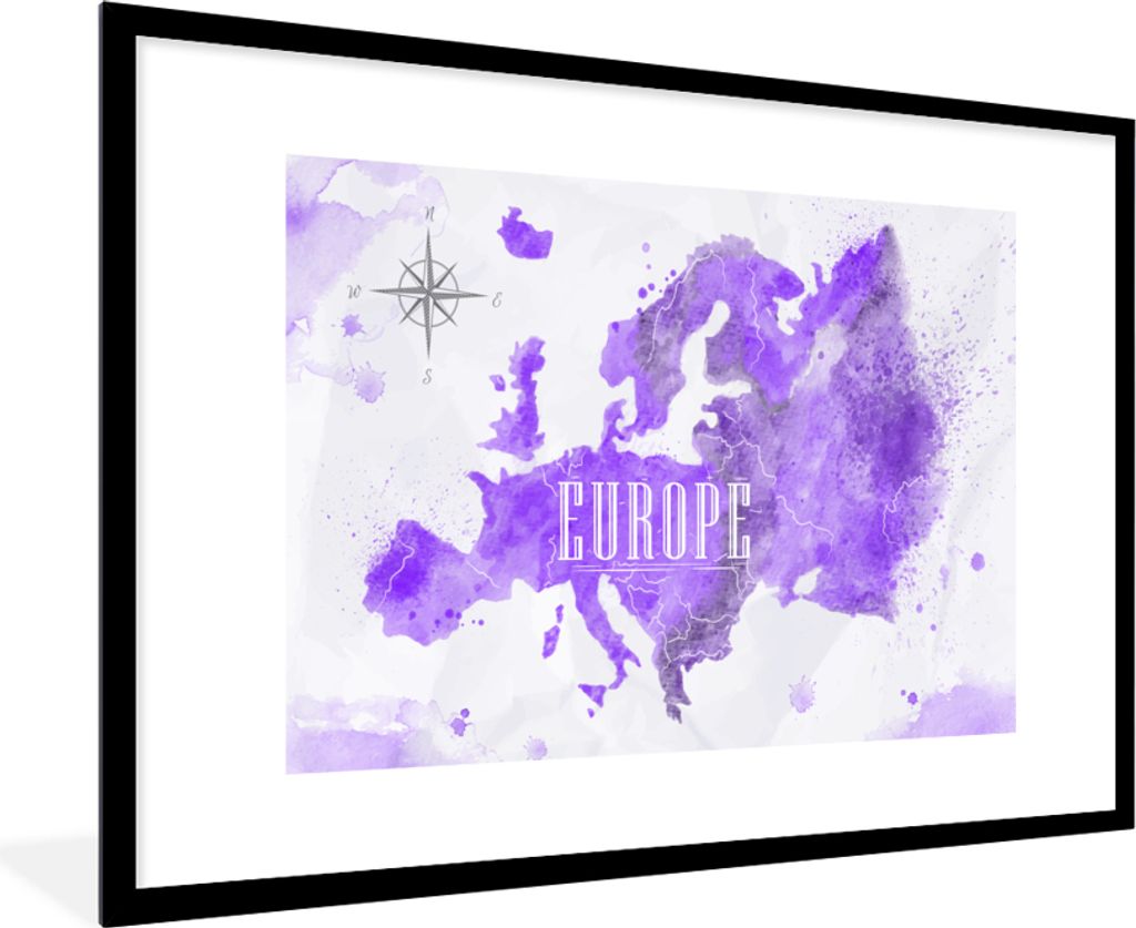 MuchoWow MuchoWow Gerahmtes Poster Europa - Weltkarte - Farbe 90x60 cm - Poster mit zchwarzem Bilderrahmen - Wanddekoration - Fotos
