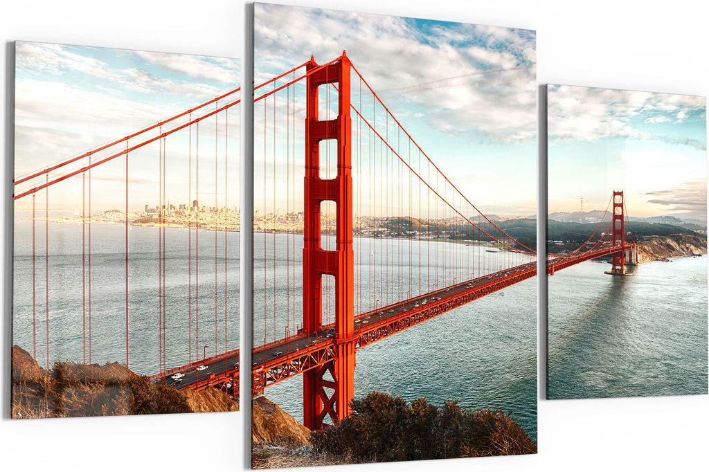 DEQORI Glasbilder 3-tlg 140x80 cm 'Golden Gate Bridge' Wandbilder XXL groß