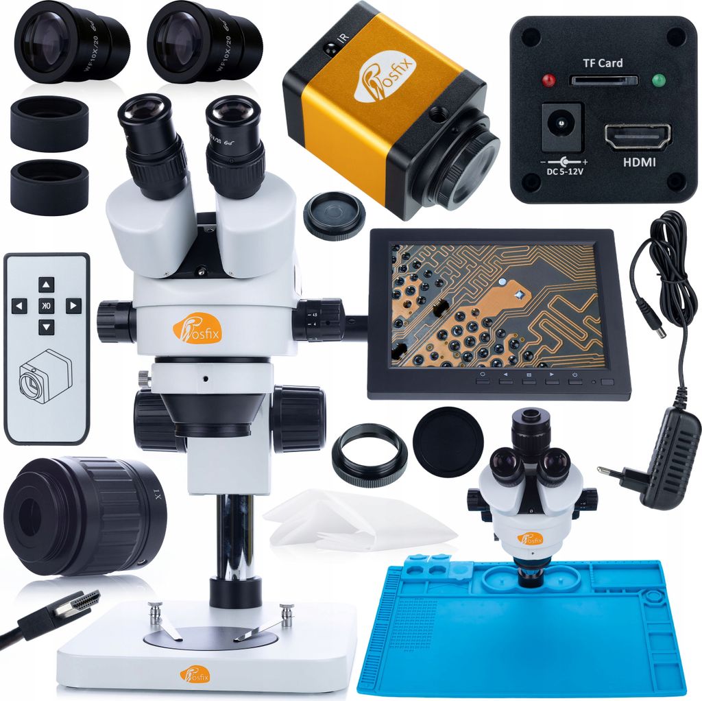 Rosfix Mercury Pro MSMP-T-PS1 Mikroskop-Set + PEGASUS Pro KMPP-HDMI-TF 12mp Kamera Plantes PRO Serie + Silikonmatte 480x320mm + Halter mit 8" Display