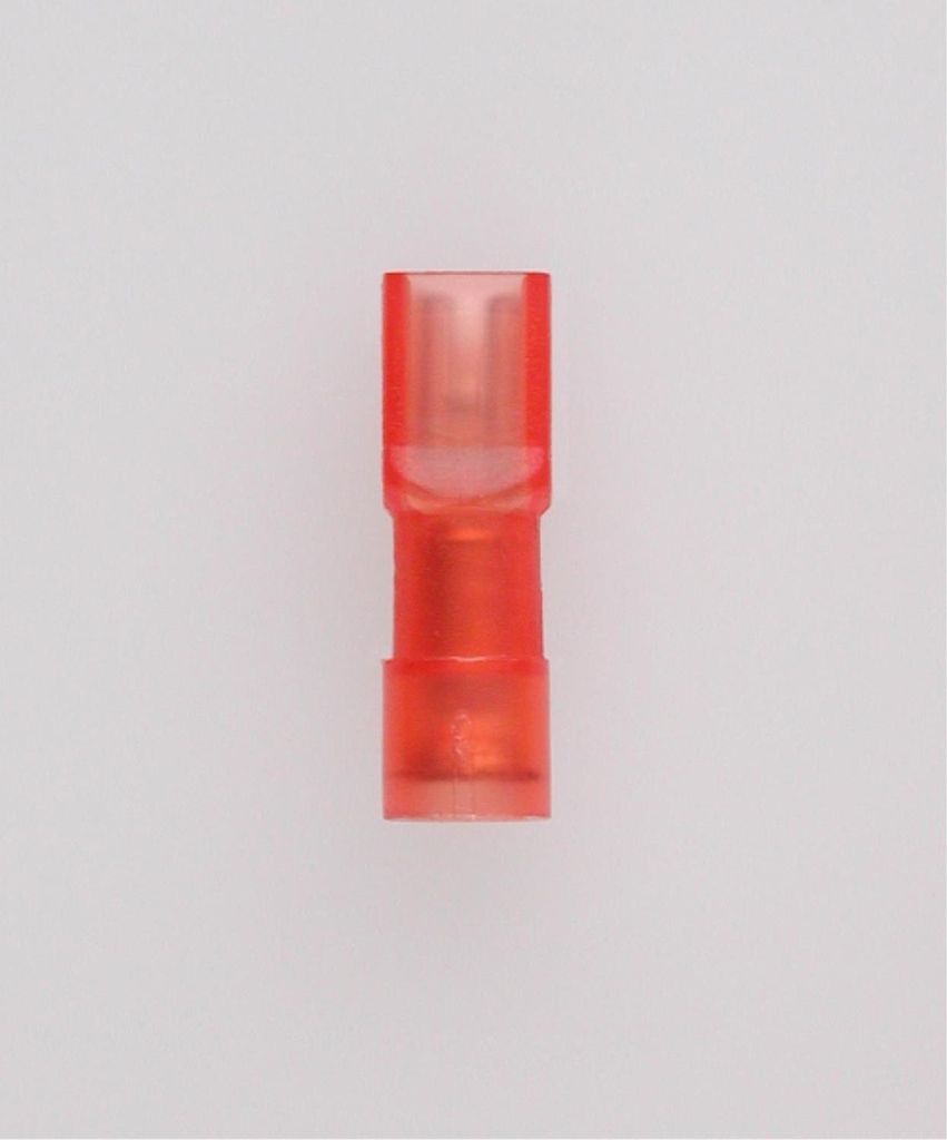 Flachsteckhülsen, Steckgröße 2,8 x 0,8mm vollisoliert, mit Isolationscrimp Querschnitt 0,5mm² - 1,5mm² rot, transparent