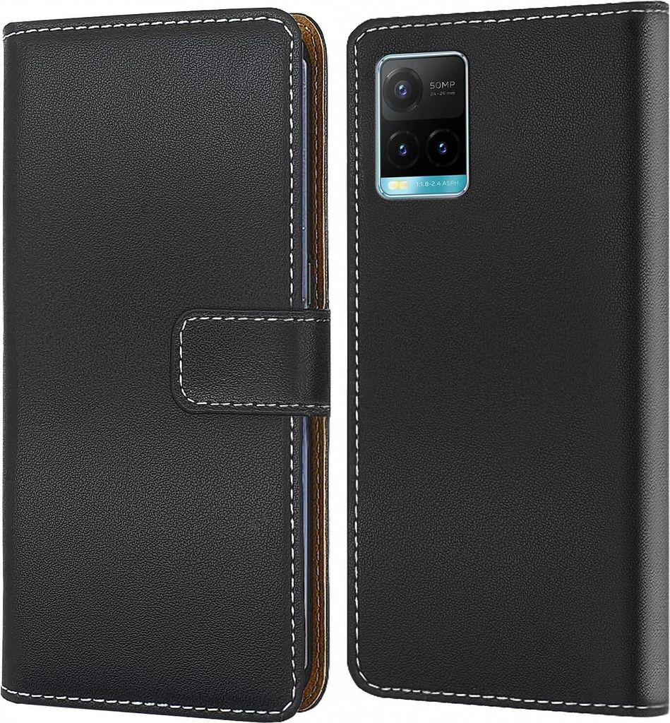 A black flip-style phone case is shown from the front and back.