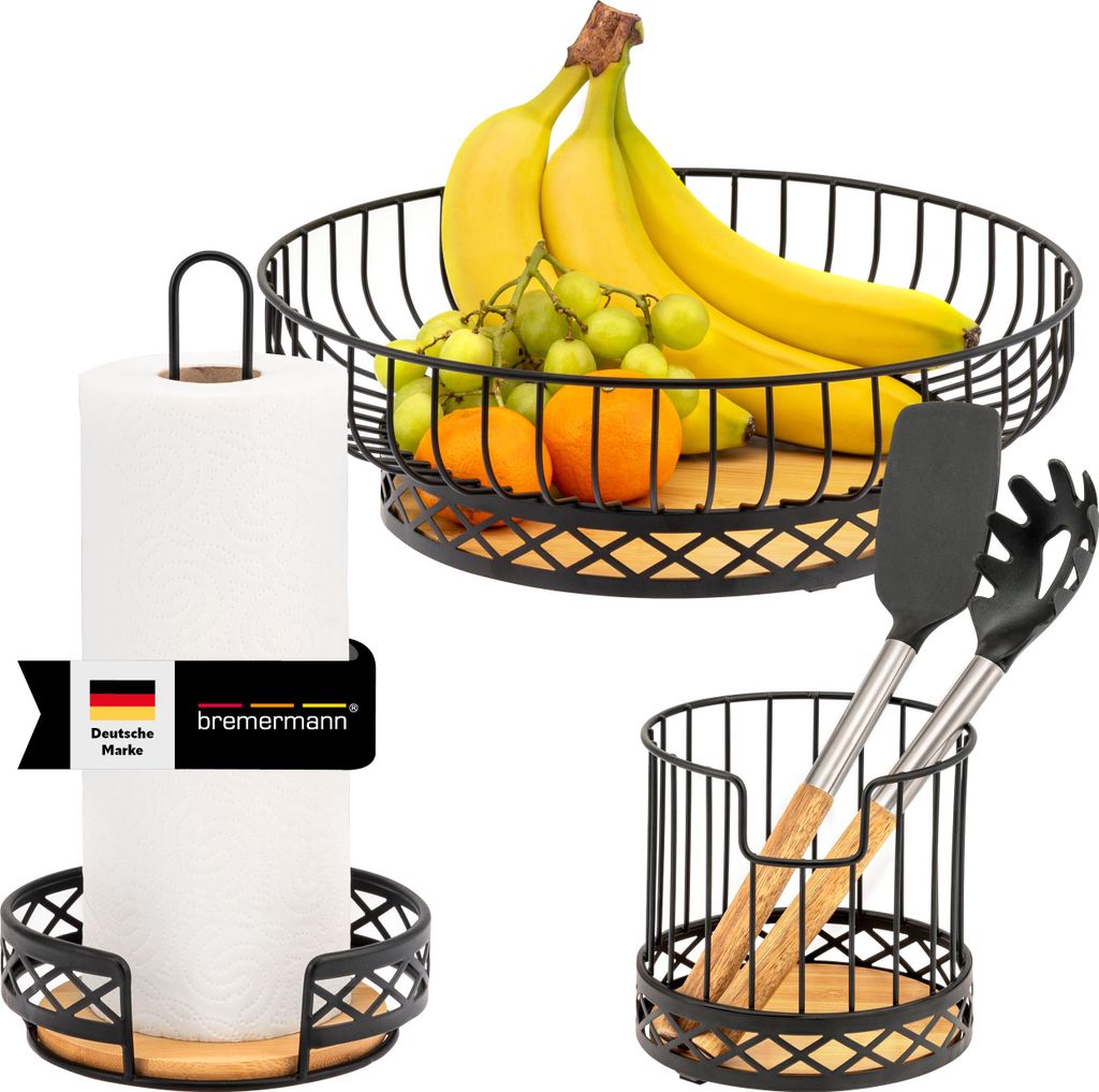 bremermann Küchenutensilien 3er Set, 1x Küchenrollenhalter, 1x Utensilienhalter und 1x Obstkorb, aus Bambus und Metall