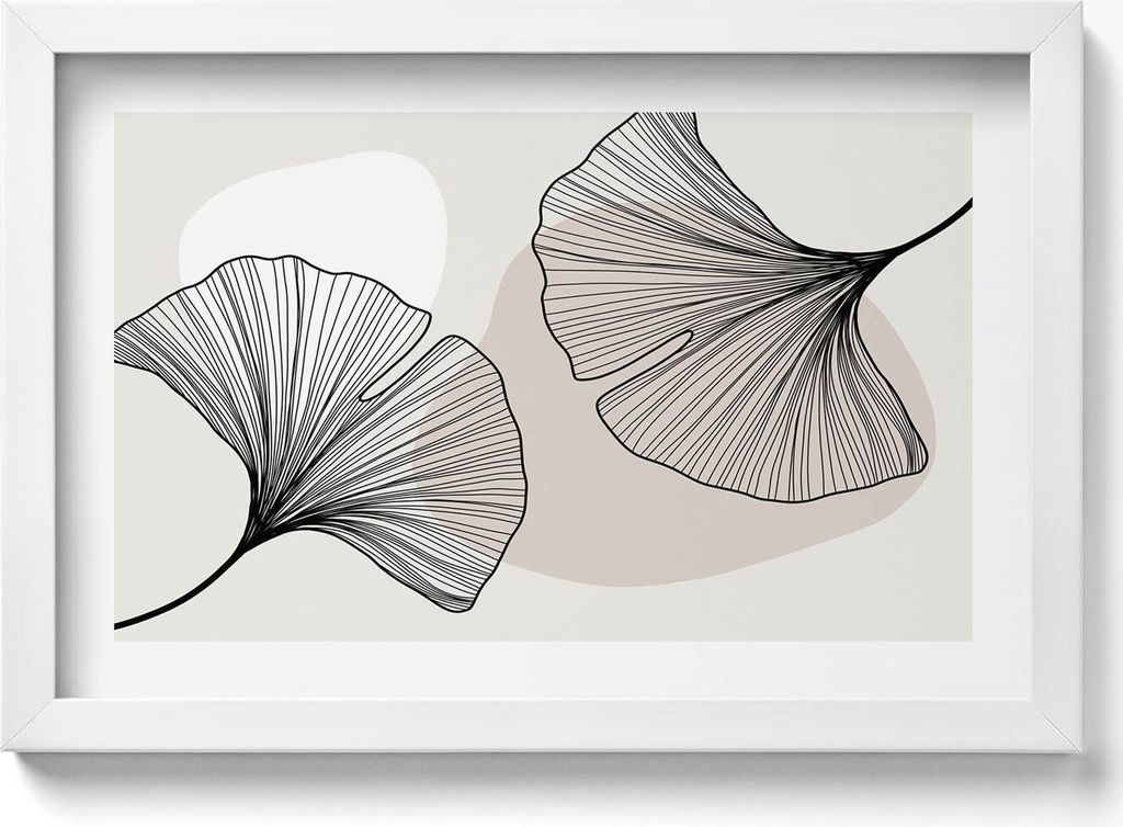 Lineare Ginkgoblätter im Boho-Stil– Wandbild mit Rahmen – Gerahmtes Bild – Wanddekoration – 30x20 cm – Weiß Rahmen