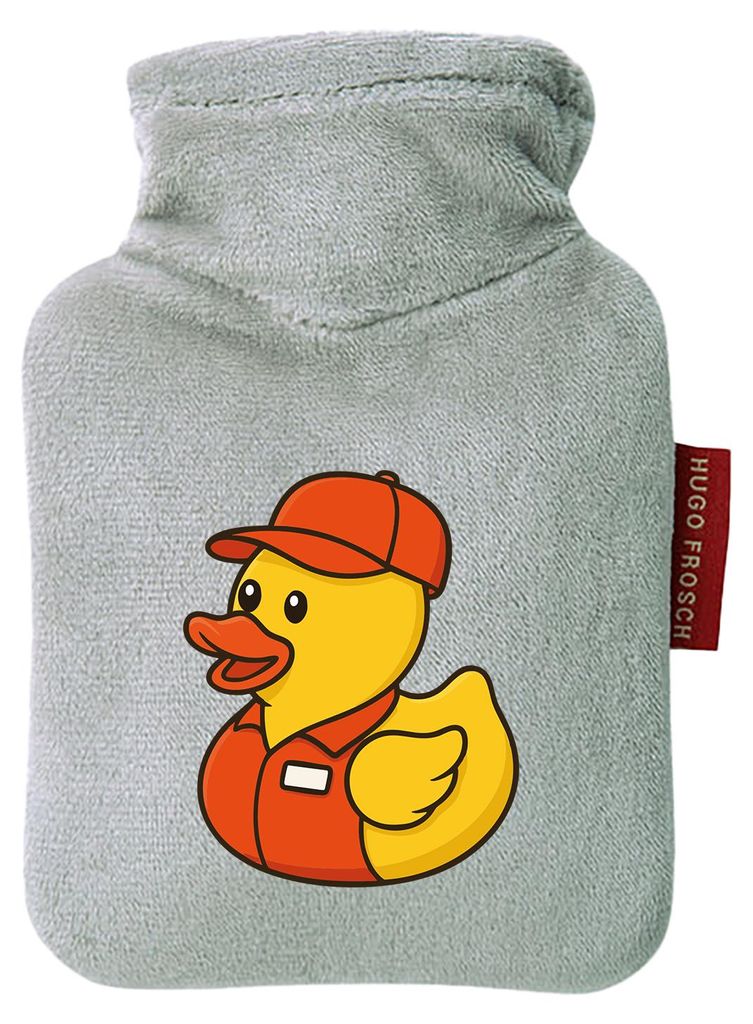 Huuraa Mini-Wärmflasche Quietscheente Einzelhandel Comic Gummiente 0,2 Liter Grey Mini Veloursbezug Taschenwärmer Geschenkidee