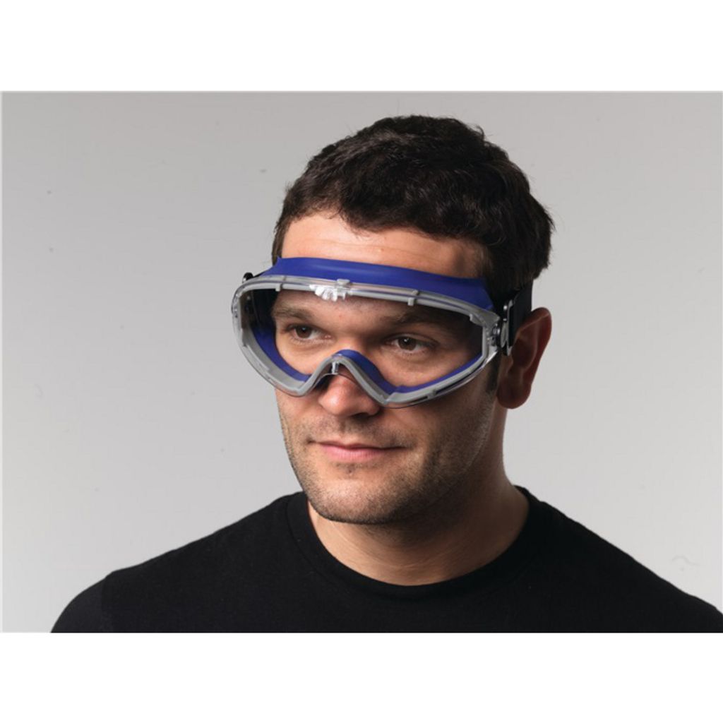 Vollsichtschutzbrille klar Rahmen blau, PC-Scheibe klar, beschlagfrei EN166