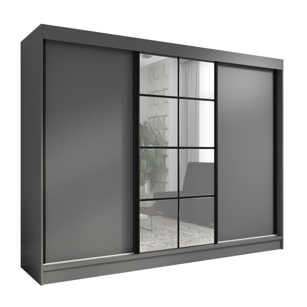 Oravelle 200 cm Graphit 3-türiger Kleiderschrank mit Spiegel, 4 Schubladen und Kleiderstangen – Funktionalität und Eleganz!