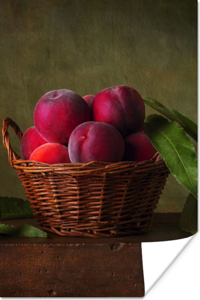MuchoWow Poster Korb - Pflaume - Rosa - Rustikal - Obst - Stilleben 80x120 cm - Papierdruck