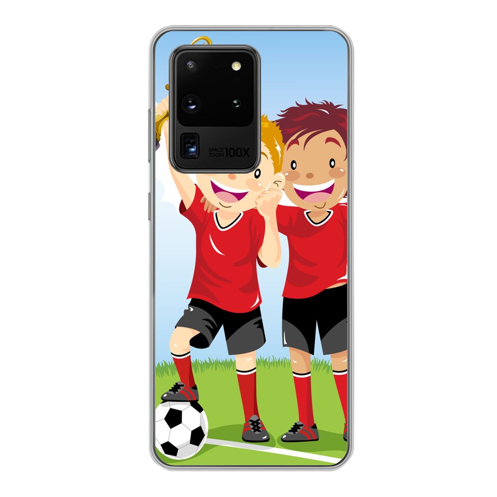 MuchoWow Handyhülle Schutzhülle Hülle für Samsung Galaxy S20 Ultra Eine Illustration von zwei Fußballspielern, die einen Preis gewonnen habe...