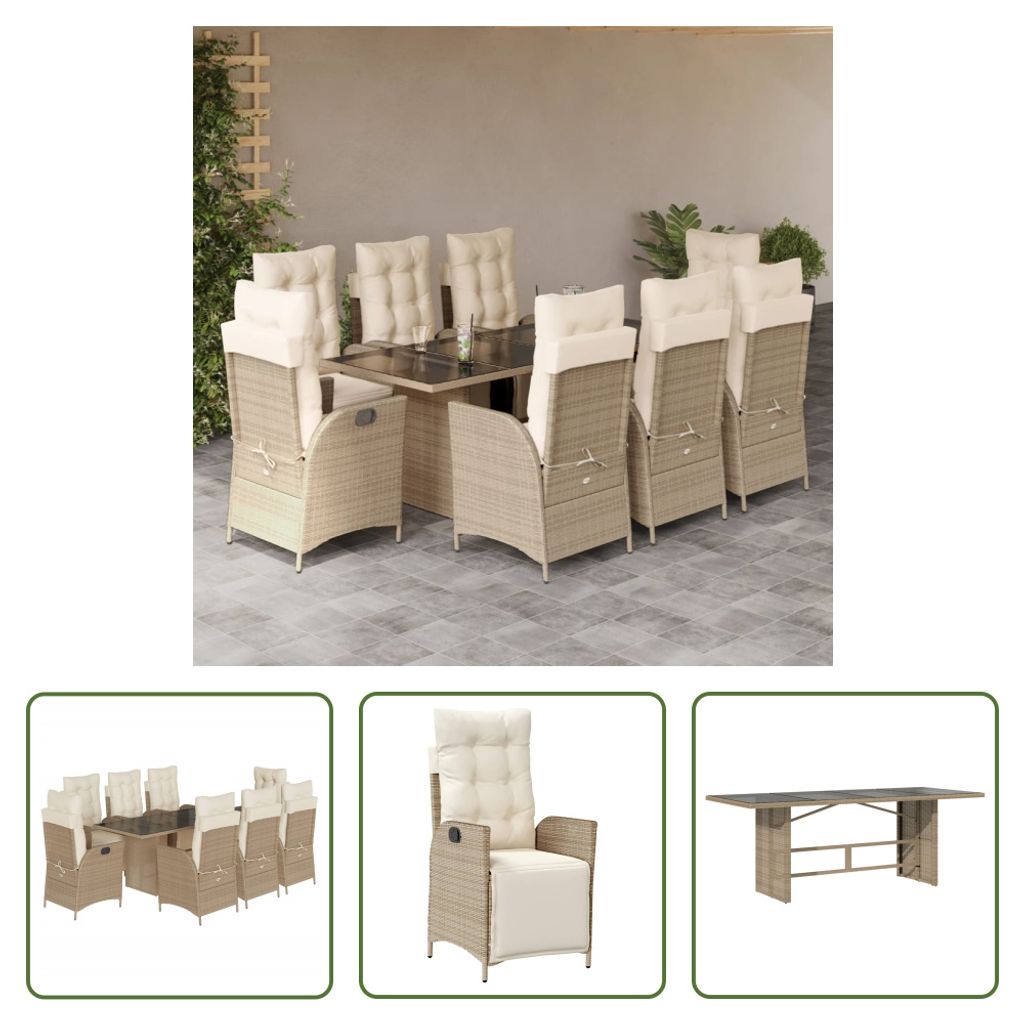 The Living Store 9-tlg. Garten-Essgruppe mit Kissen Beige Poly Rattan