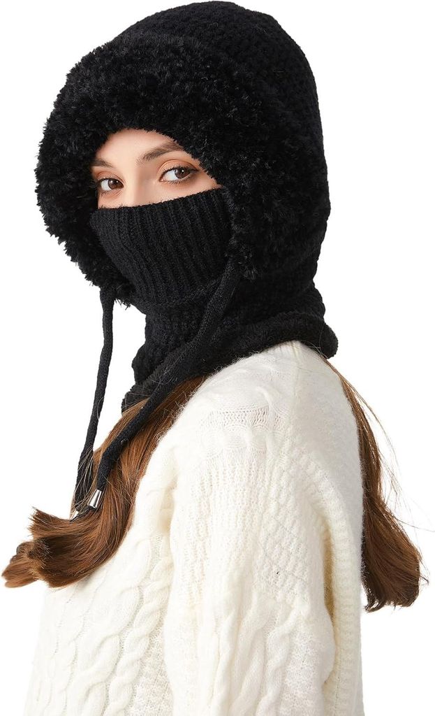 Damen Thermal Balaclava Fleece Mütze Kreis Schal Set Weiche Warme Wintermütze mit Fleecefutter Winddichte Skimütze 2 in 1 Strickmütze Outdoor