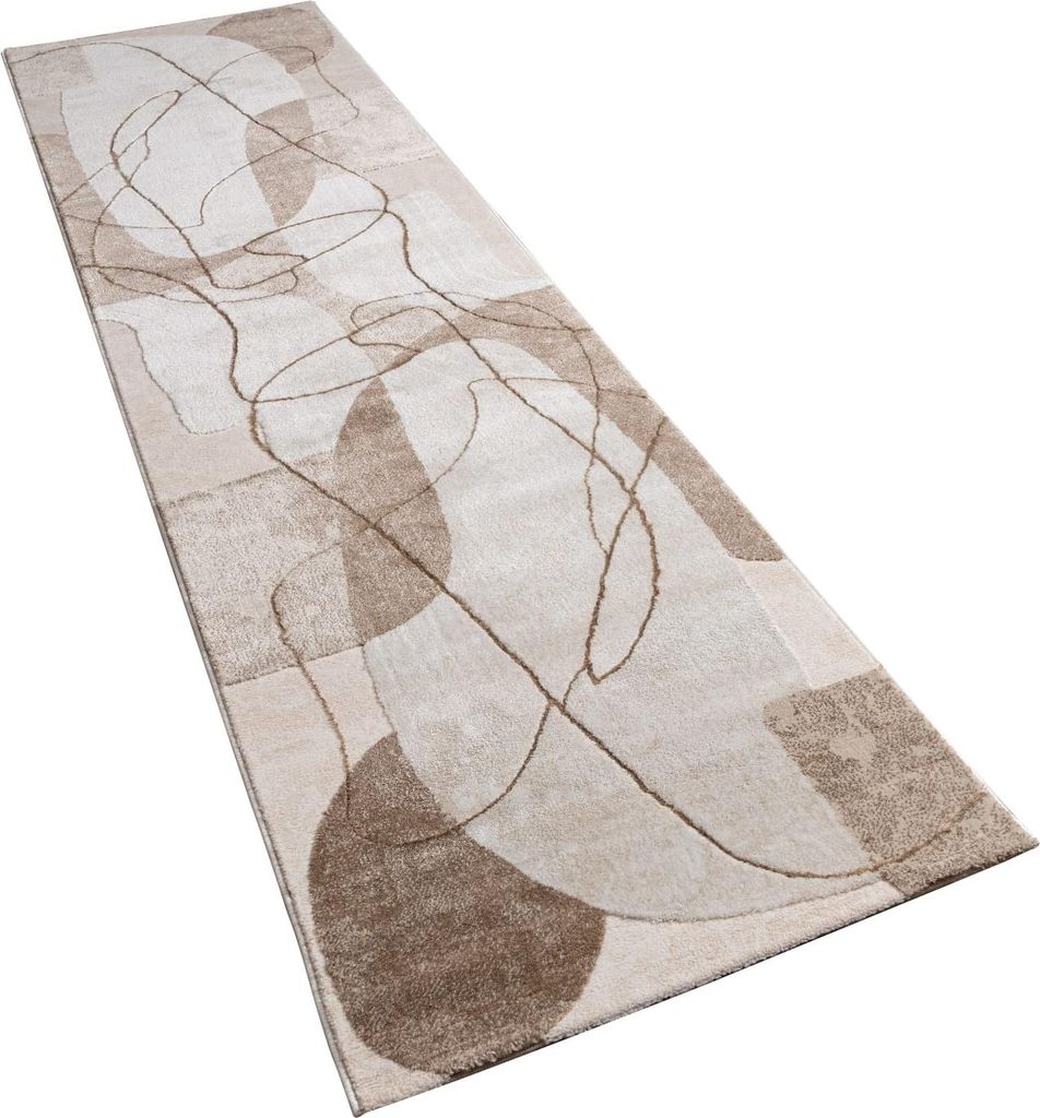 Teppich Kurzflor Abstrakt Wohnzimmer schmutzabweisend Beige Läufer 80x300 | 60% Polypropylen, 40% Polyester | Florhöhe: 11 mm | pflegeleicht
