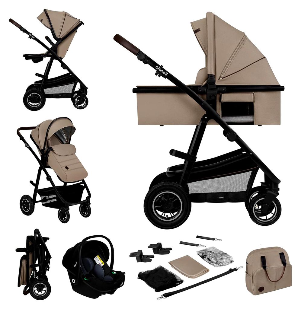 3-in-1 Kombikinderwagen - Babywanne, Sportsitz, i-Size Autositz (40–87 cm), Luftreifen, wendbar, XXL-Dach UPF 50+, Tasche, Moskitonetz, Regenschutz