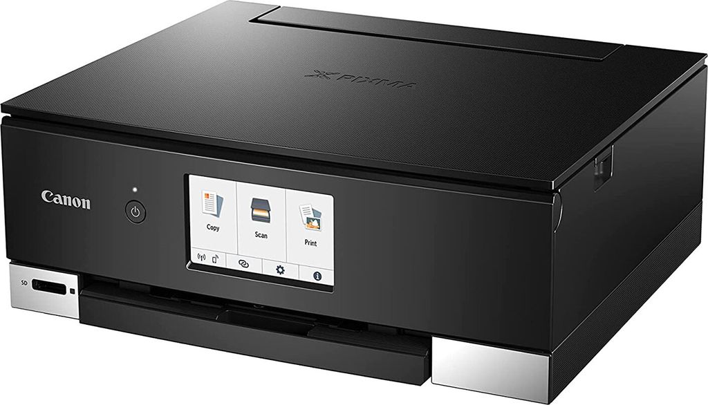 A black Canon PIXMA TS8350a inkjet printer is shown from a slightly elevated front-left angle against a light gray background.