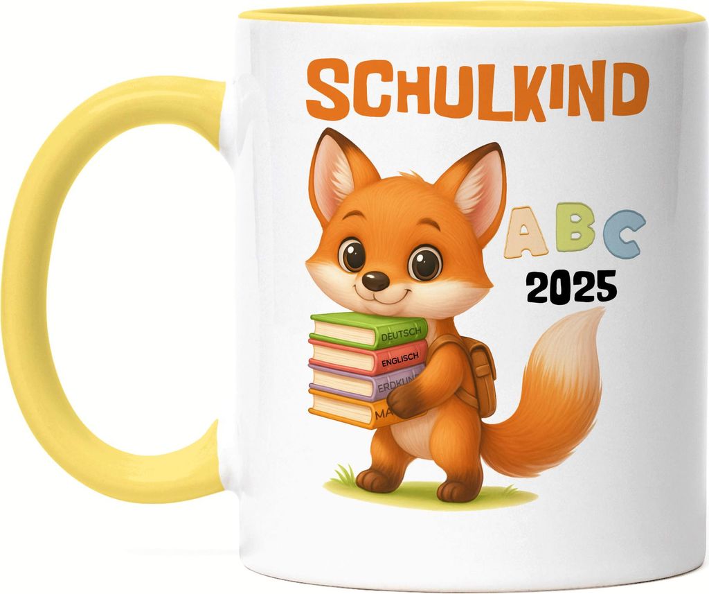 Schulkind 2025 Tasse Gelb Fuchs Geschenk Einschulung Erstklässler Kinder ABC Schule Start originelle Idee