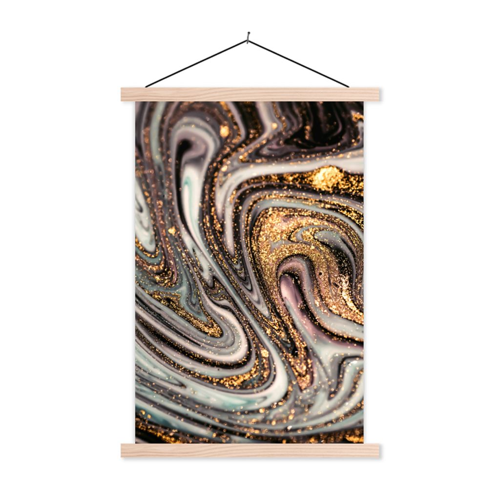 MuchoWow Textilposter Marmoroptik - Gold - Glitter - Luxus - Marmor - Weiß 120x180 cm mit holzfarbenen Rahmen - Textil-Plakat