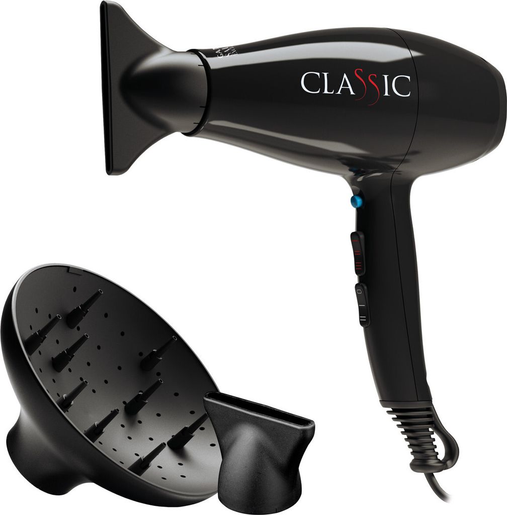 A black hair dryer with attachments on a white background.