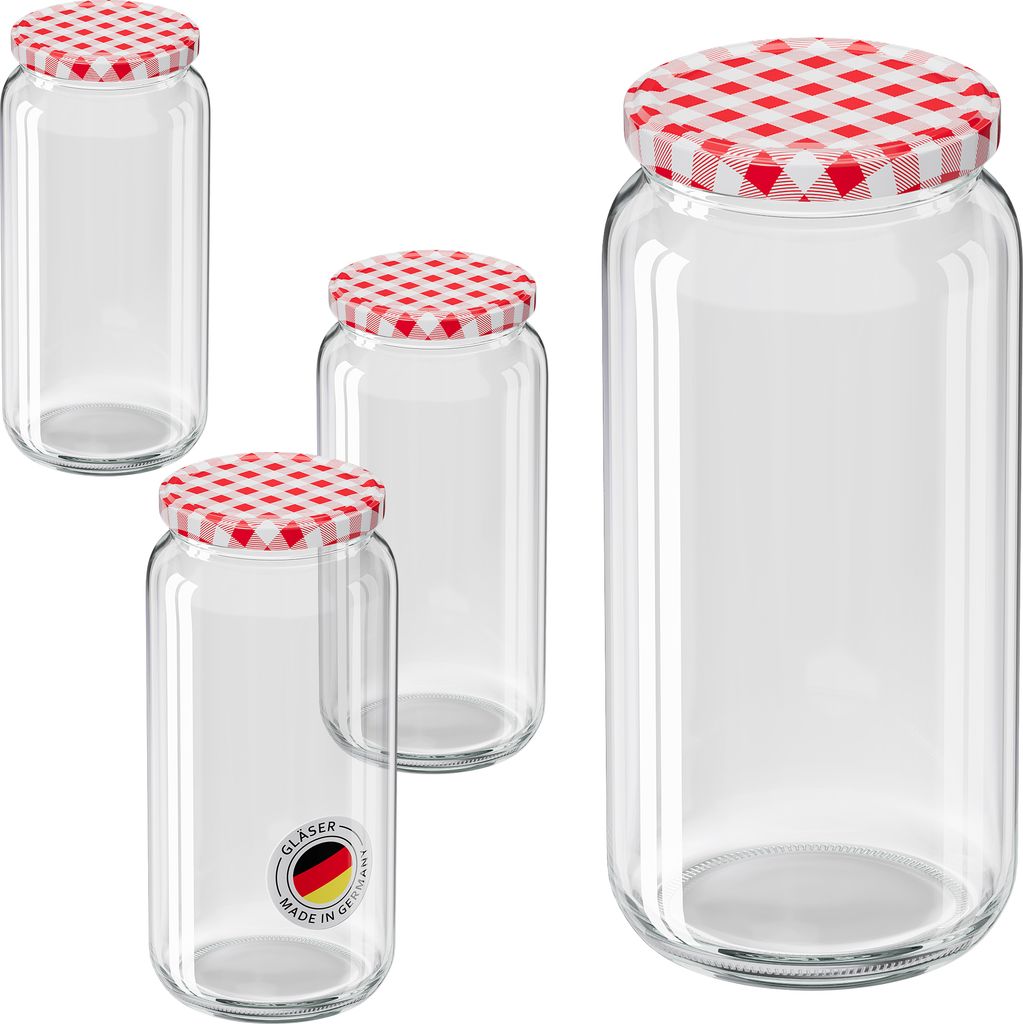 WELLGRO 6 x 1045 ml Einmachgläser mit Schraubdeckel TO 82 – rot kariert - Luftdichte Rundgläser ideal zum Einkochen und Aufbewahren