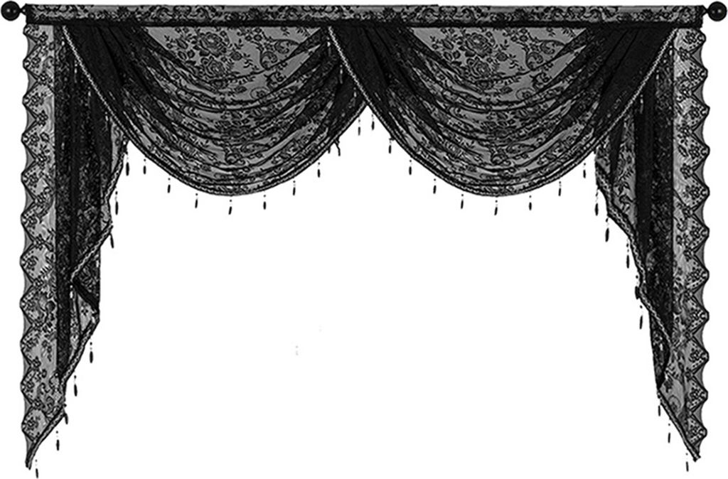 Schwarzer Volant mit Perlenspitze und Wasserfall-Muster, leicht, atmungsaktiv, einfache Installation, für kleine Fenster, halbtransparent, Swag-Wa...