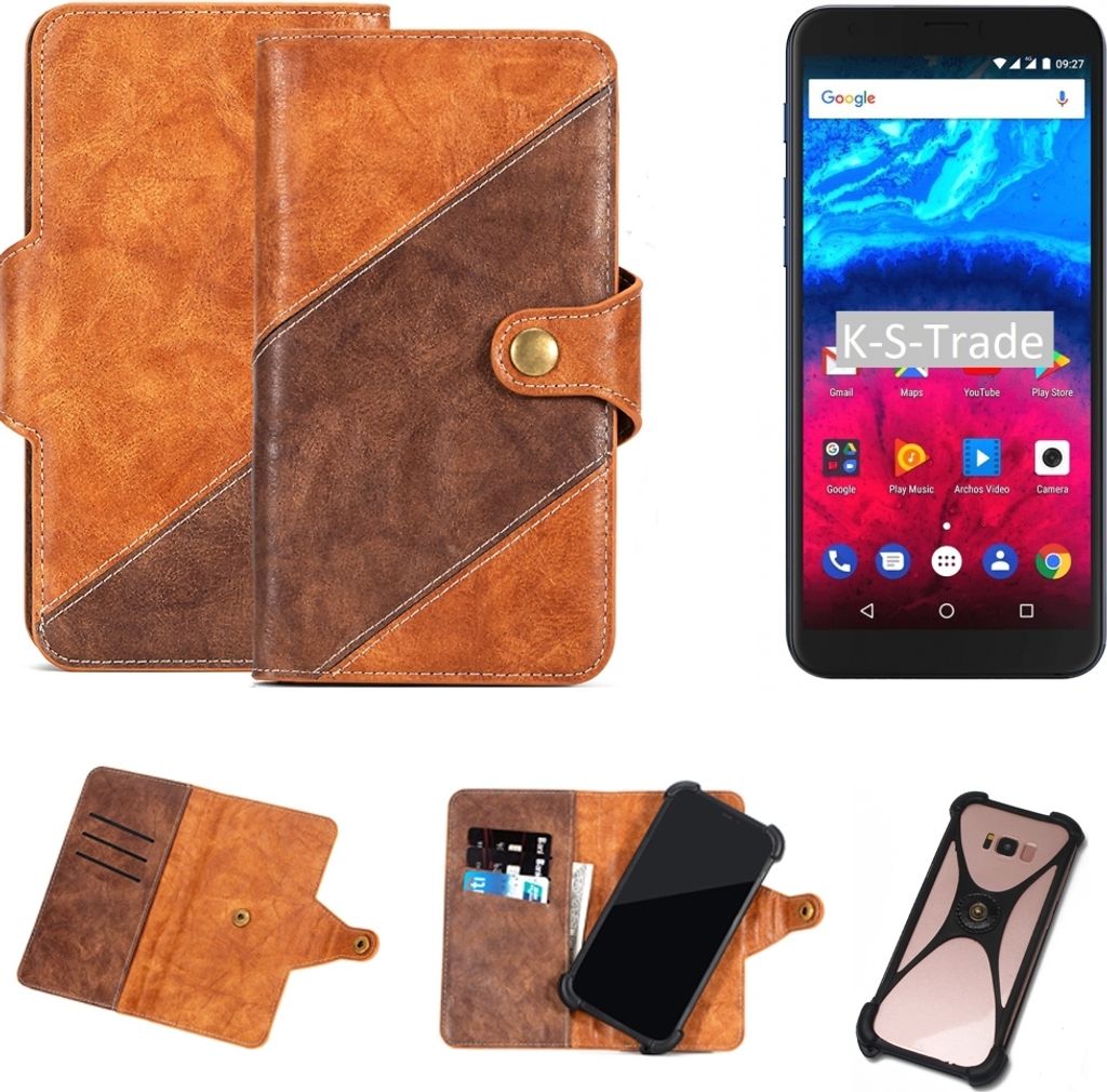 K-S-Trade Handy-Hülle Schutz-Hülle Bookstyle Case Wallet-Case kompatibel mit Archos Core 60S Handy Cover Bumper Kantenschutz Smartphone dunkelbraun