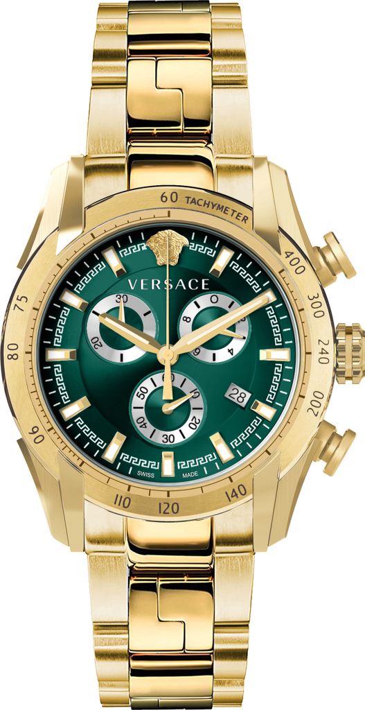 A close-up studio shot of a gold Versace chronograph watch with a green dial.