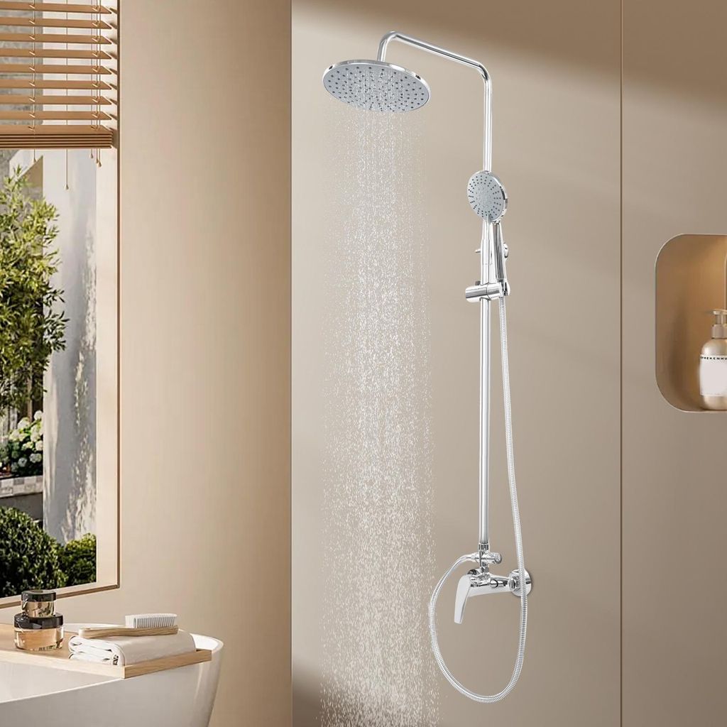 Kupfer Duschsystem mit Armatur 20cm rund Regendusche 85-123cm höhenverstellbar Kalt und heiß Dusch-Set (silber)