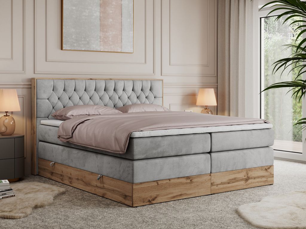 MKS MEBLE King Boxspringbett 200x200 mit Bettkasten Eiche, Polsterbett 200x200 mit Matratze H4, Bett 200x200 mit Kopfteil, Bett mit Holzrahmen in W...