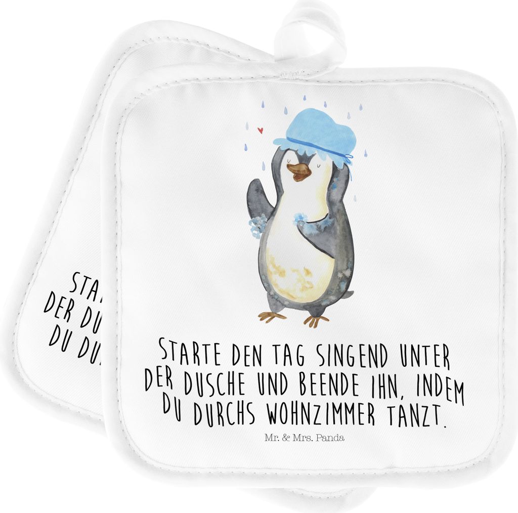 Mr. & Mrs. Panda Topflappen Pinguin Duschen - Weiß - Geschenk, Tanzen, Duschkonzert, topfhalter, Kochlappen, Dusche, glücklich sein, Singen, Set,...