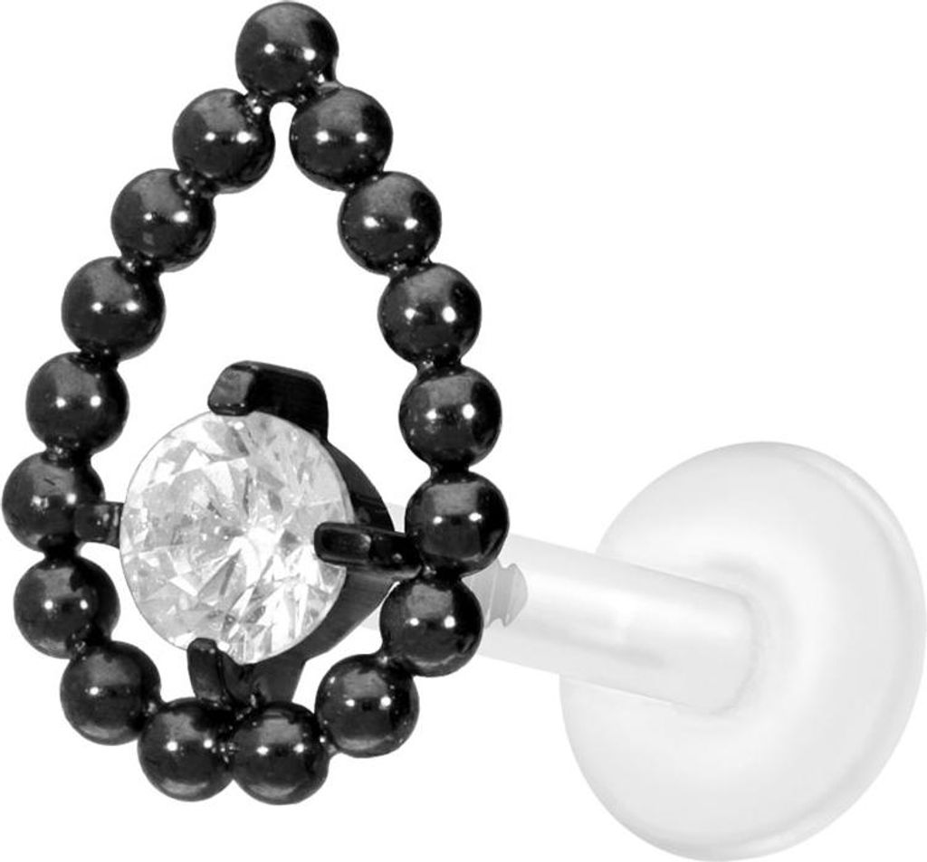 Ohrpiercing, Nasenpiercing PTFE Labret mit Innengewinde + Titan-Aufsatz TROPFEN + KRISTALL Schwarz Stablänge: 10mm | Stabstärke: 1,2mm