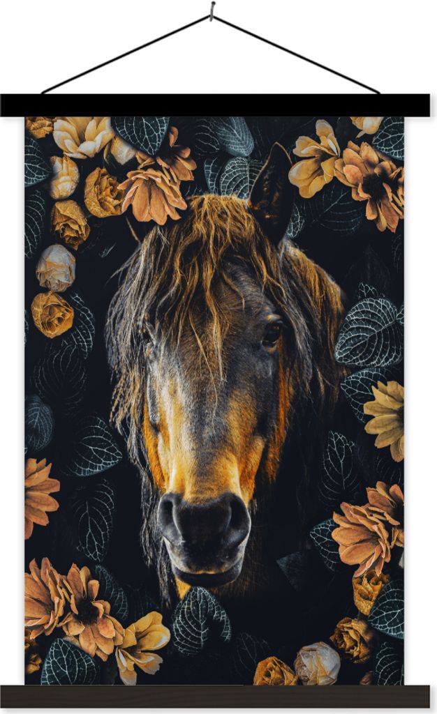 MuchoWow Textilposter Pferd - Blumen - Orange 60x90 cm mit schwarzem Rahmen - Poster Wohnzimmer