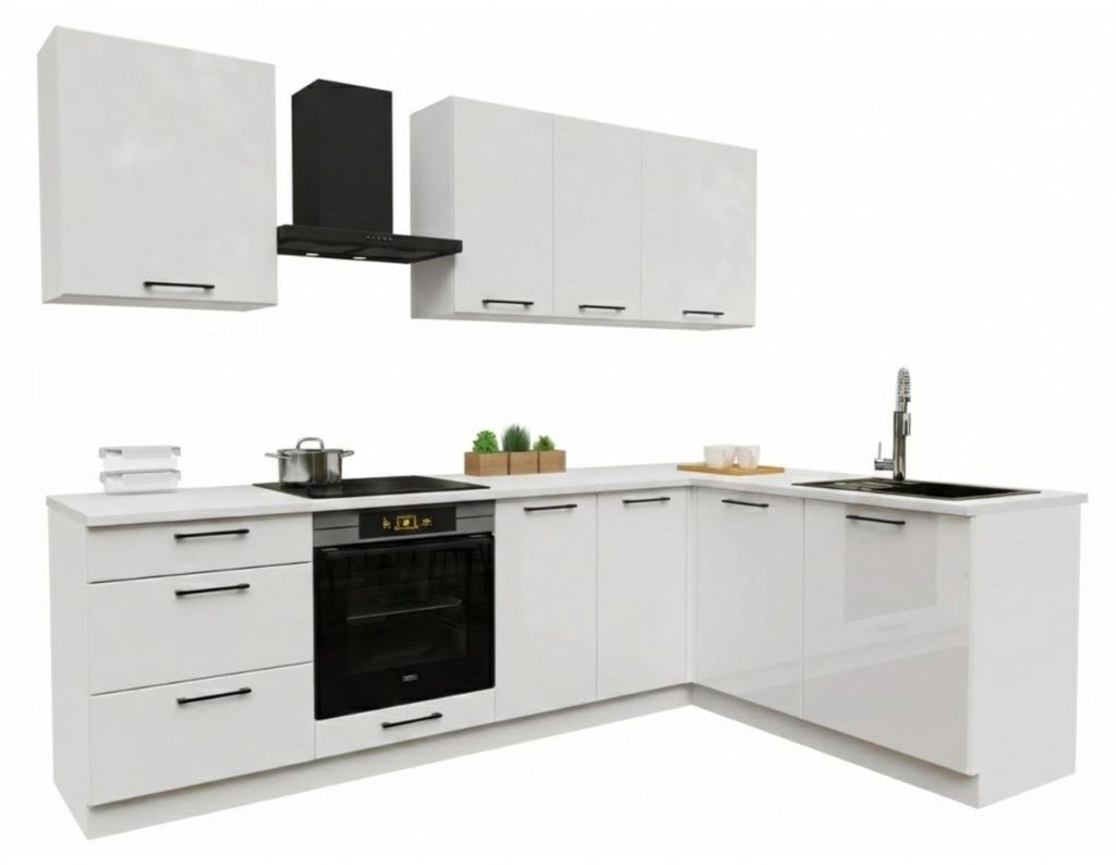 Küchenzeile - Küche L Form - 260x170 cm - Hochglanz weiß - MDF - mit weißer Arbeitsplatte - Soft-Close Funktion - Eckküche - DENIS
