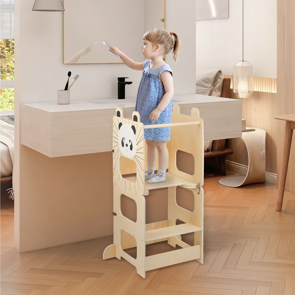 2 in 1 Lernturm für Kinder,Montessori Stehhilfe mit Tafel,Holz Verwandelbar Lernturm Kleinkind Küchenhelfer Tritthocker für ab 1 Jahr(Panda-Stil)