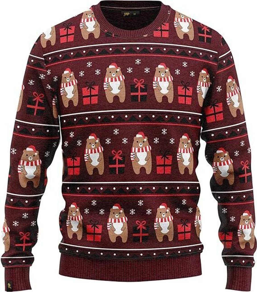 JAP Christmas Bär und Geschenk - Lustiger Hässlicher Weihnachtspullover Für Damen und Herren Ugly Christmas Sweater - Rot - 3XL