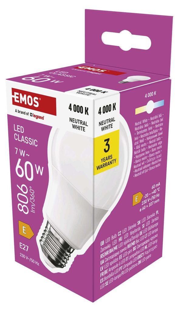 EMOS LED Lampe A60-Birne, 7W Ersatz für 60W, klassische Birne mit E27 Sockel, Helligkeit 806 lm, Neutralweiß 4000 K, 30000 h Lebensdauer , ZQ5E43