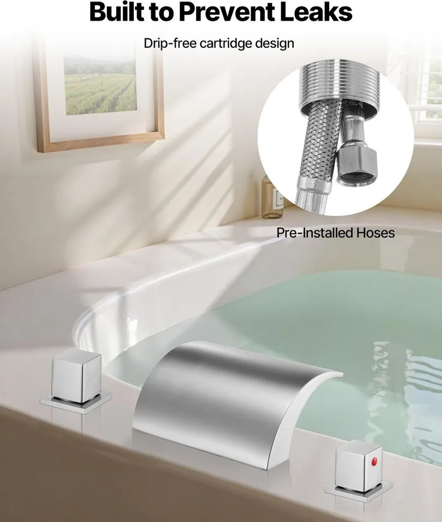 Mélangeur de baignoire cascade 3 trous avec douchette argent chromé - 5