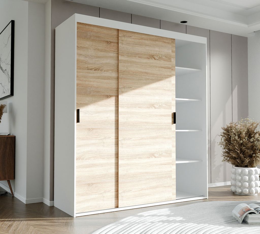 IDOHOME-Dreitüriger Schiebetürenschrank STILO 180 cm mit Regalen und Kleiderstangen Schrank Garderobe Weiß Sonoma schwarze Griffe