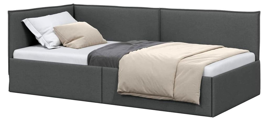 Eckbettgestell mit Kopfteil Dunkelgrau 100 x 200 cm Stoff, kompaktes Daybed, modernes Bettgestell, platzsparendes Möbel, minimalistisches Design f...