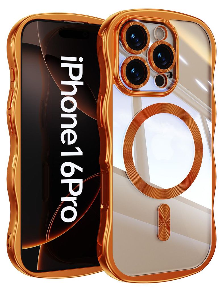 Magnetisch Hülle für iPhone 16 Pro, Wellen Überzug Bumper Transparent Stoßfeste Handyhülle mit Kameraschutz Orange
