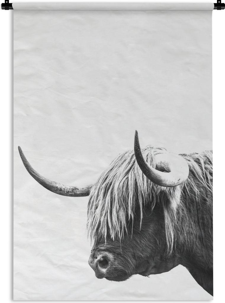 MuchoWow Wandteppich Wandbehang Profil eines schottischen Hochlandrinds - schwarz-weiß 60x90 cm Tapisserie Dekoration Wandtuch - Foto-Teppich - ...