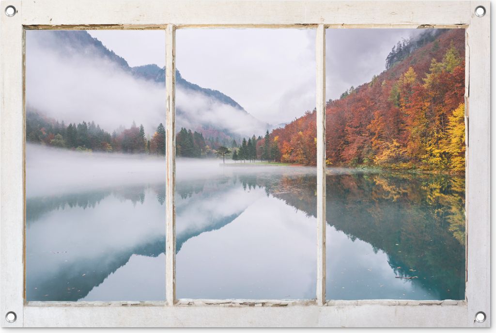 MuchoWow 90x60 cm Outdoor-Poster Gartendeko Sichtschutz Garten Poster für den Garten Aussicht - Herbst - Berg