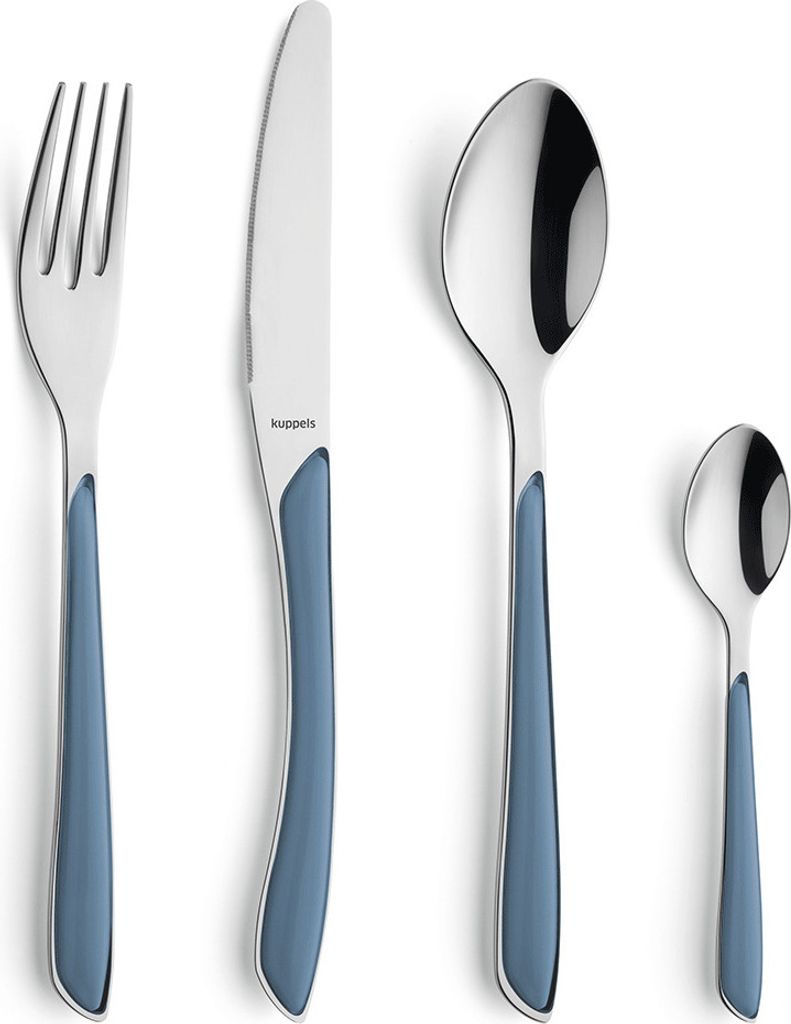 A set of four cutlery pieces, including a fork, knife, large spoon, and small spoon, arranged vertically against a white background.